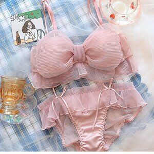 NWT Romantic Pink Bow Lace Ribbon Bra Panty Matching Set 32B XS